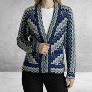 Chico's Sz 0 (4) Zig Zag Cardigan Jacket Blue Gray Black Mohair Wool Open Cozy